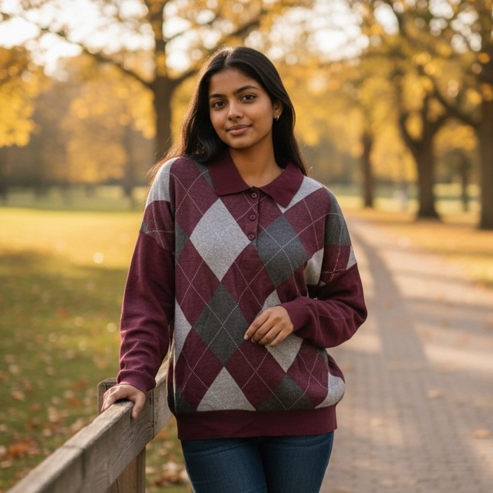 Edikted Argyle Sweater Women Large Burgundy Gray Long Sleeve Collared Polo Knit
